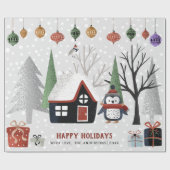 Winterpinguïn, bomen en huis Kerstvakantie Cadeaupapier (Vlak)