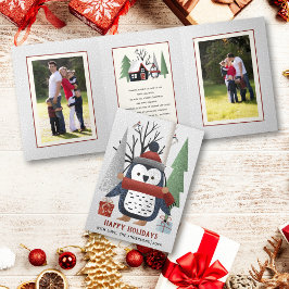 Winterpinguïn en bomen Kerstmis multi foto Drieluik Wenskaart