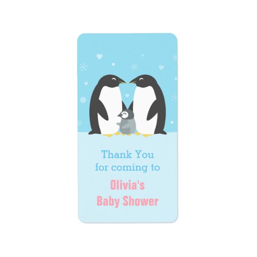 Winterpinguïn familie Baby shower decoratief label (Voorkant)