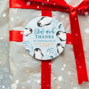 Winterpinguïn igloos baby shower dank u ronde sticker