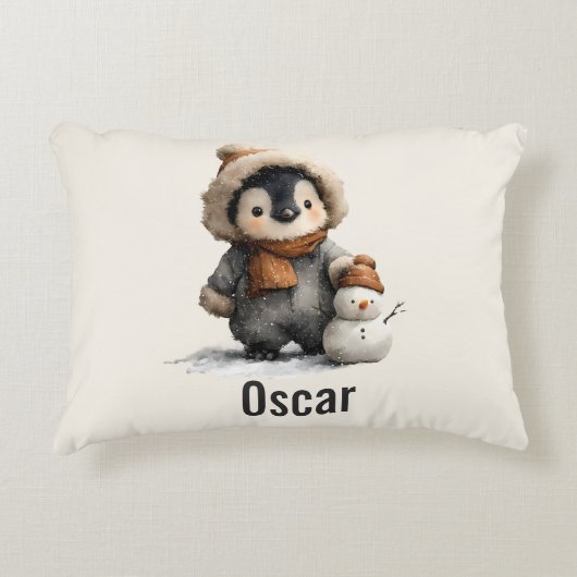 Winterpinguïn met Sneeuwman Ontwerp Accent Kussen (Voorkant)