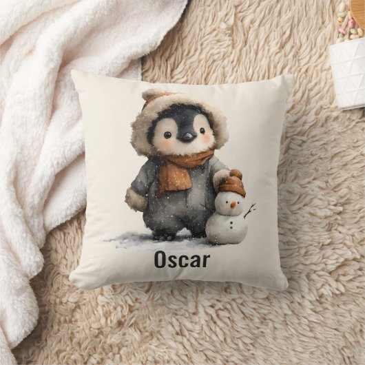 Winterpinguïn met Sneeuwman Ontwerp Kussen (Deken)