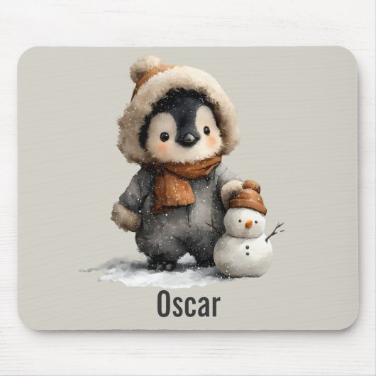 Winterpinguïn met Sneeuwman Ontwerp Muismat (Voorkant)