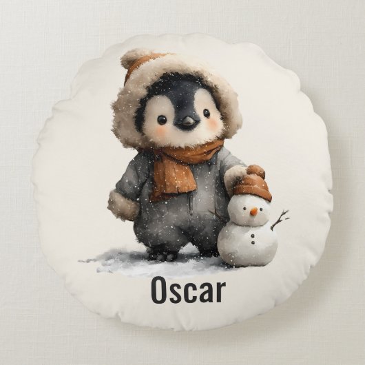 Winterpinguïn met Sneeuwman Ontwerp Rond Kussen (Voorkant)