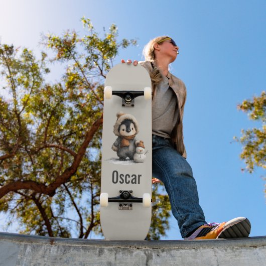 Winterpinguïn met Sneeuwpop Ontwerp Persoonlijk Skateboard (Buiten 1)