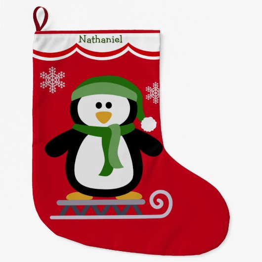 Winterpinguïn op slee grote kerstsok (Voorkant)