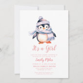 Winterpinguïn roze Baby shower Invitation Kaart (Voorkant)