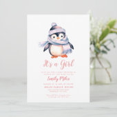 Winterpinguïn roze Baby shower Invitation Kaart (Staand voorkant)