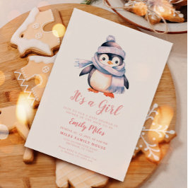 Winterpinguïn roze Baby shower Invitation Kaart