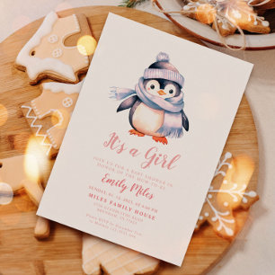 Winterpinguïn roze Baby shower Invitation Kaart