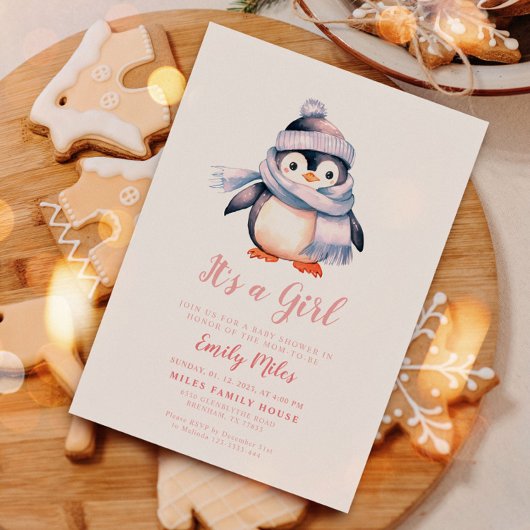 Winterpinguïn roze Baby shower Invitation Kaart