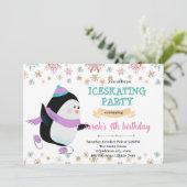 Winterpinguïn schaatsfeest kaart (Staand voorkant)