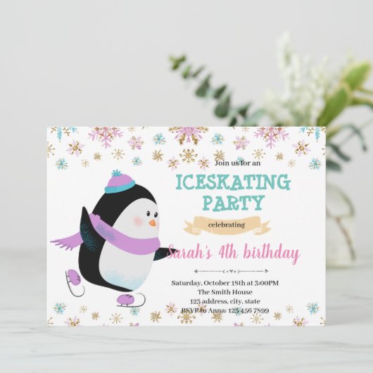 Winterpinguïn schaatsfeest kaart (Staand voorkant)