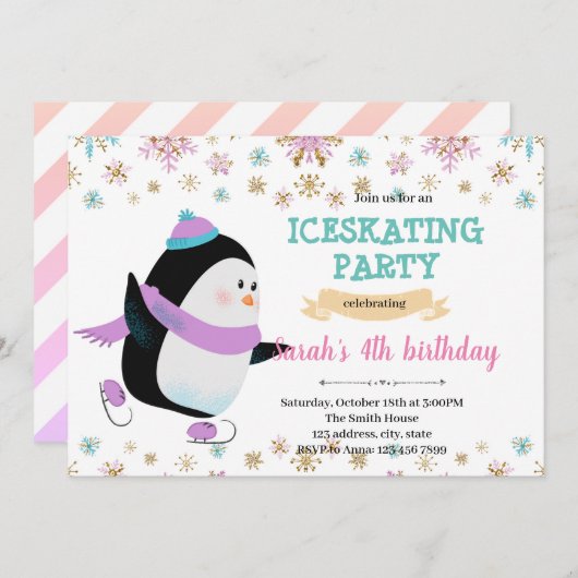 Winterpinguïn schaatsfeest kaart (Voorkant / Achterkant)