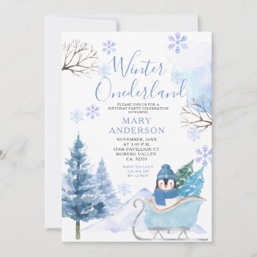 Winterpinguïn Sneeuwvlokken Onederland 1e Verjaard Kaart (Voorkant)