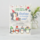 Winterpinguïn Verjaardag Uitnodiging (Staand voorkant)