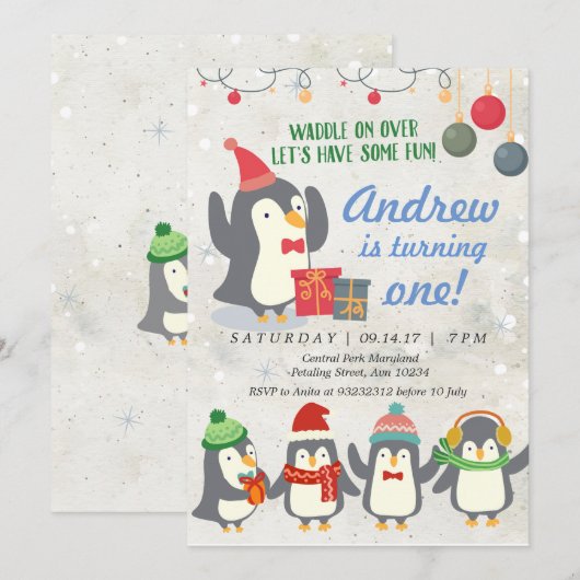 Winterpinguïn Verjaardag Uitnodiging (Voorkant / Achterkant)