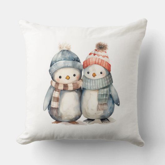 Winterpinguïn Waterverf Sierkussen (Voorkant)