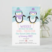 Winterpinguïns-meisje verjaardagsuitnodiging. kaart (Staand voorkant)