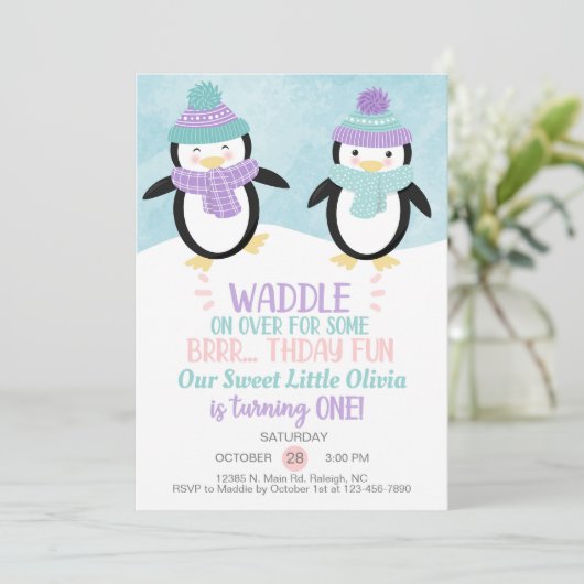 Winterpinguïns-meisje verjaardagsuitnodiging. kaart (Staand voorkant)