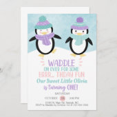 Winterpinguïns-meisje verjaardagsuitnodiging. kaart (Voorkant / Achterkant)