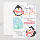 Winterpinguïns-meisje verjaardagsuitnodiging. kaart (Voorkant / Achterkant)