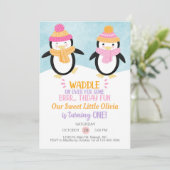 Winterpinguïns meisjesverjaardaguitnodiging. invit kaart (Staand voorkant)