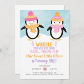 Winterpinguïns meisjesverjaardaguitnodiging. invit kaart (Voorkant / Achterkant)