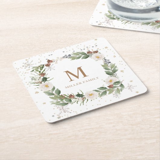 winterpleistermonogram voor goudsparren kartonnen onderzetters (Schuin)