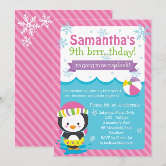 Winterpooluitnodiging / Winterpool Birthday Kaart (Voorkant / Achterkant)