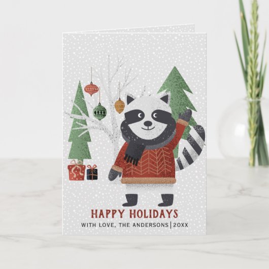 Winterracoon en bomen kerstfoto gevouwen feestdagen kaart (Voorkant)