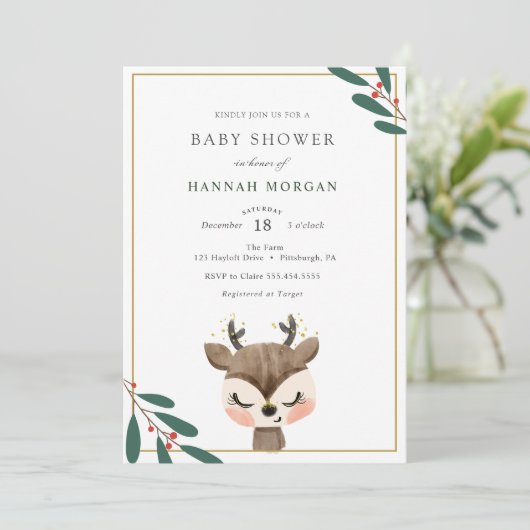 Winterrendier Baby shower uitnodiging (Staand voorkant)