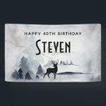 Winterrendierlijke Waterverf Birthday Spandoek<br><div class="desc">Een zeegandaar met een waterverf afbeelding met een zwarte silhouetrender die tussen een aantal pijnbomen staat. Grijze zwarte en witte neutrale kleurenschema.</div>