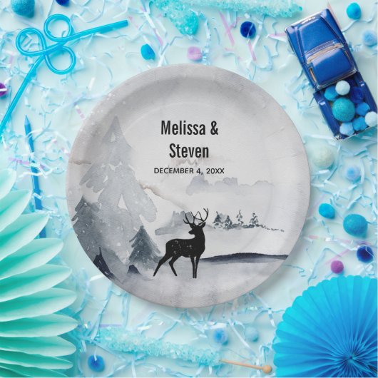 Winterrenrennistrische grijze Waterverf bruiloft Papieren Bordje (Feest)