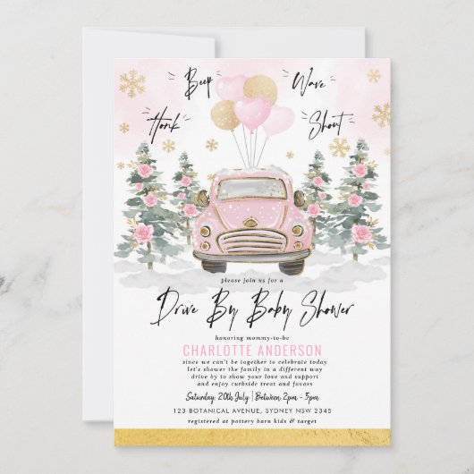 Winterrit met Baby shower Pink Gold Floral Car Kaart (Voorkant)