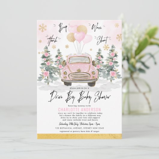 Winterrit met Baby shower Pink Gold Floral Car Kaart (Staand voorkant)