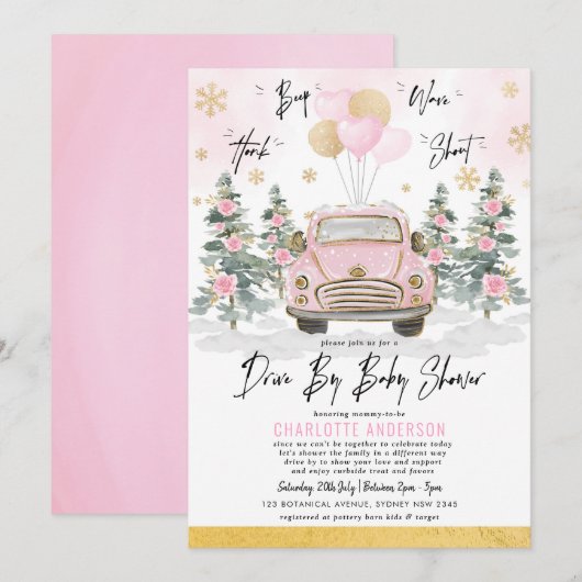Winterrit met Baby shower Pink Gold Floral Car Kaart (Voorkant / Achterkant)
