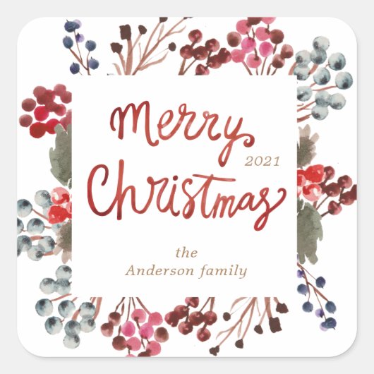 winterrode bessen kerstfoto vierkante sticker (Voorkant)