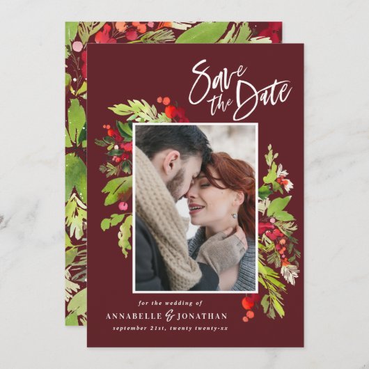 Winterrode botanische waterverf foto foto's save the date (Voorkant / Achterkant)