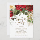 winterrode floral Sweet 16-partijuitnodiging Kaart (Voorkant)