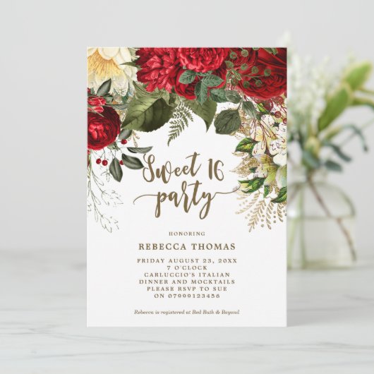 winterrode floral Sweet 16-partijuitnodiging Kaart