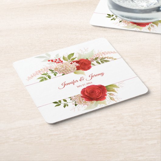 Winterrode rozen en groene bruiloft | kartonnen onderzetters (Schuin)