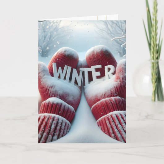 Winterrode wanten met sneeuwvlokken kaart (Voorkant)