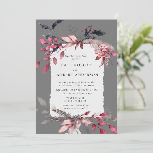 winterrode waterverf florale trouwuitnodiging (Staand voorkant)