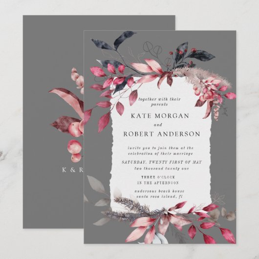 winterrode waterverf florale trouwuitnodiging (Voorkant / Achterkant)