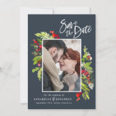 Winterrood groene botanische waterverf foto blauw save the date (Voorkant)