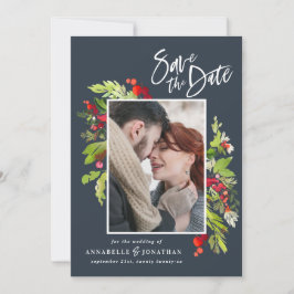 Winterrood groene botanische waterverf foto blauw save the date