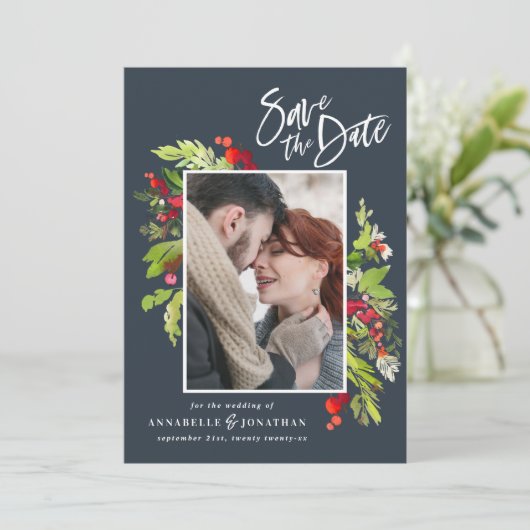 Winterrood groene botanische waterverf foto blauw save the date (Staand voorkant)