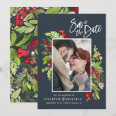 Winterrood groene botanische waterverf foto blauw save the date (Voorkant / Achterkant)