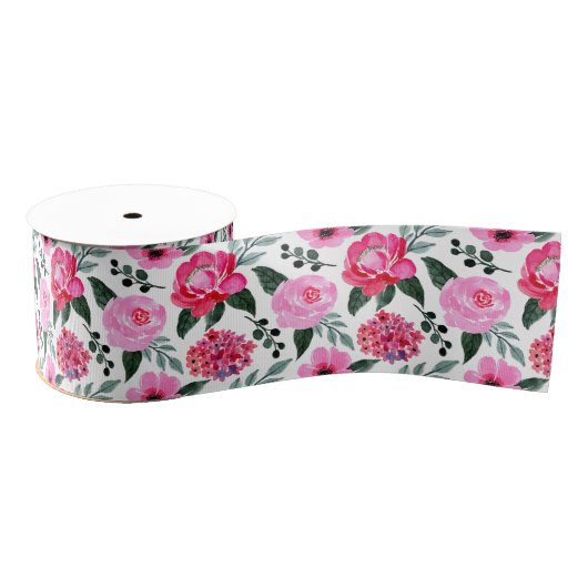 winterrood roze Floral Waterverf Patroon Grosgrain Lint (Spoel)